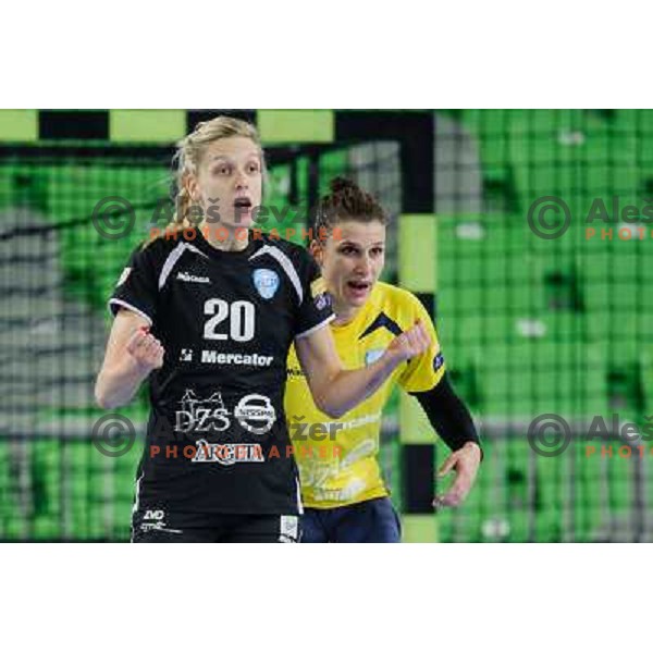 Susann Muller, Jelena Grubisic of Krim in action during handball match Krim Mercator - U Jolidon Cluj in EHF Champions league, played at Stozice Arena, Ljubljana, Slovenia on October 14, 2012 