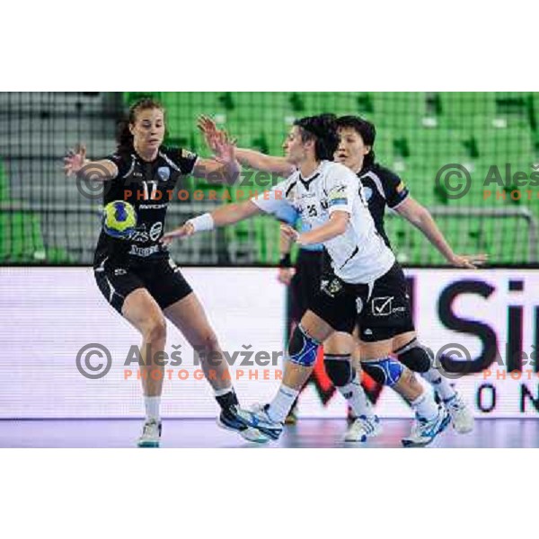 Linea Torstensson, Ljudmila Bodnieva of Krim in action during handball match Krim Mercator - U Jolidon Cluj in EHF Champions league, played at Stozice Arena, Ljubljana, Slovenia on October 14, 2012 