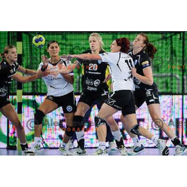 Barbara Lazovic, Susann Muller, Linea Thorstensson of Krim in action during handball match Krim Mercator - U Jolidon Cluj in EHF Champions league, played at Stozice Arena, Ljubljana, Slovenia on October 14, 2012 