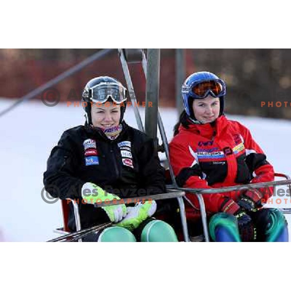 Masa Radensek (left) and Melanija Sober before first run of Giant slalom girls on 23rd Winter Universiade 2007 at Jafferau, Bardonecchia, Italy on 19.01.2007