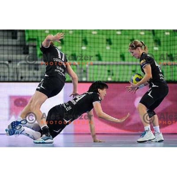 Ljudimila Bodnieva, Maja Zrnec of Krim in action during handball match Krim Mercator - U Jolidon Cluj in EHF Champions league, played at Stozice Arena, Ljubljana, Slovenia on October 14, 2012 