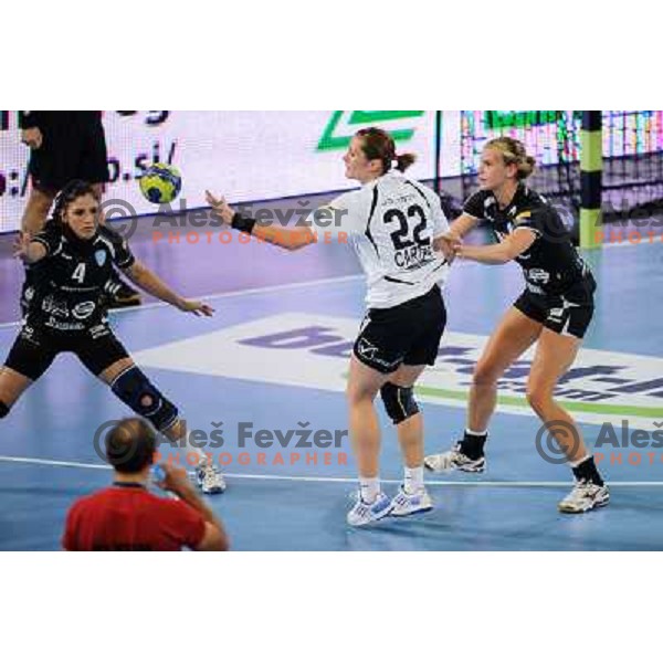 Carmen Martin, Barbara Lazovic of Krim in action during handball match Krim Mercator - U Jolidon Cluj in EHF Champions league, played at Stozice Arena, Ljubljana, Slovenia on October 14, 2012 