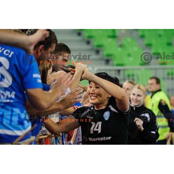 Ljudmila Bodnieva of Krim in action during handball match Krim Mercator - U Jolidon Cluj in EHF Champions league, played at Stozice Arena, Ljubljana, Slovenia on October 14, 2012 