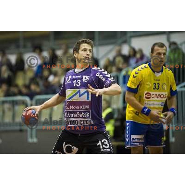 Simon Razgor, Uros Bundalo (L-R) in action during handball match Maribor Branik - Cimos Koper, 1. NLB leasing league, played in Tabor Hall in Maribor, Slovenija on October 17, 2012 