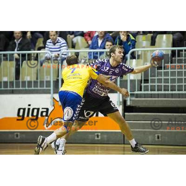 Mate Svalina (R) in action during handball match Maribor Branik - Cimos Koper, 1. NLB leasing league, played in Tabor Hall in Maribor, Slovenija on October 17, 2012 