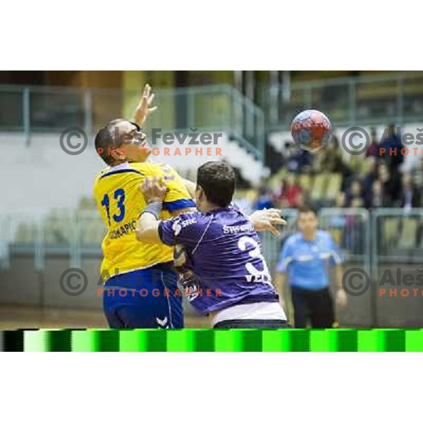 Milorad Krivokapic, Aljosa Stefanic (L-R) in action during handball match Maribor Branik - Cimos Koper, 1. NLB leasing league, played in Tabor Hall in Maribor, Slovenija on October 17, 2012 