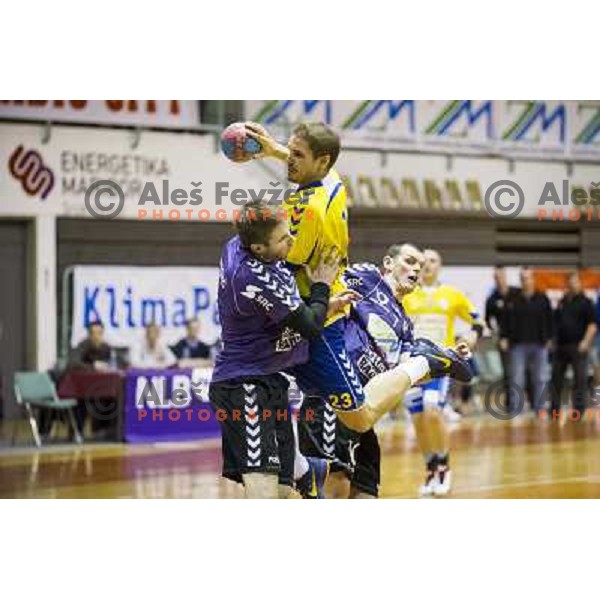 Nikola Manojlovic (middle), Marko Ostir (right) in action during handball match Maribor Branik - Cimos Koper, 1. NLB leasing league, played in Tabor Hall in Maribor, Slovenija on October 17, 2012 