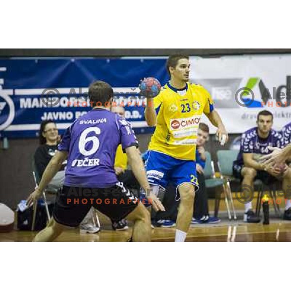 Nikola Manojlovic (right) in action during handball match Maribor Branik - Cimos Koper, 1. NLB leasing league, played in Tabor Hall in Maribor, Slovenija on October 17, 2012 