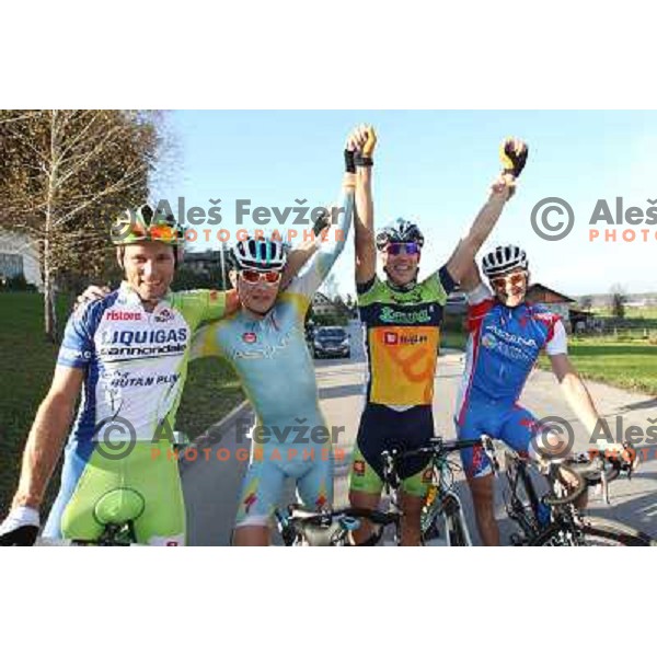 Kristijan Koren, Jani Brajkovic, Vladimir Kerkez, Borut Bozic after last race of the 2012 professional cycling season in Podsmreka, Ljubljana, Slovenia on October 21, 2012 