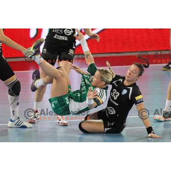 Heidi Loke and Katarina Krpez of Krim Mercator in action during handball match Krim Mercator-Gyori Audi Eto KC in round 3 of EHF Women\'s Champion league, played in Arena Stozice, Ljubljana, Slovenia on October 28, 2012 