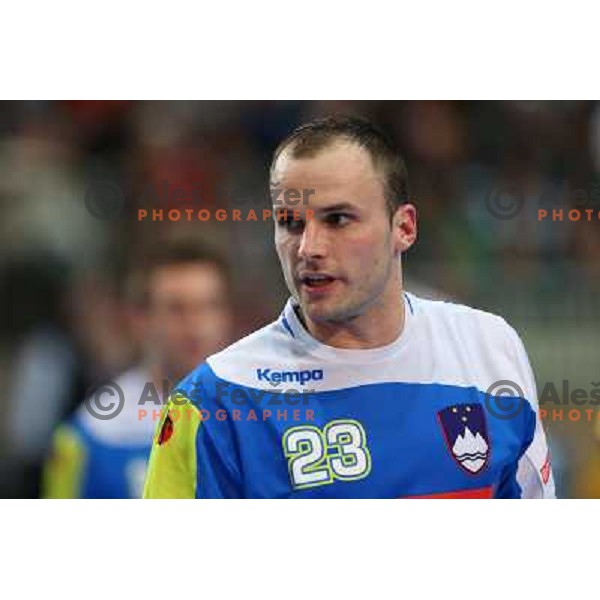 Uros Zorman of Slovenia in action during handball match Slovenia-Romania in qualification for EHF Euro Handball 2014, played in Bonifika Hall, Koper, Slovenia on October 31,2012 