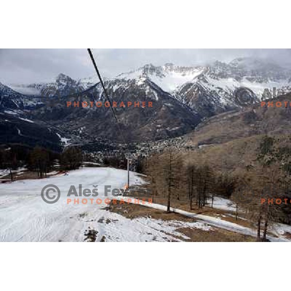 Jafferau skiing field at Bardonecchia with little snow due to warm winter