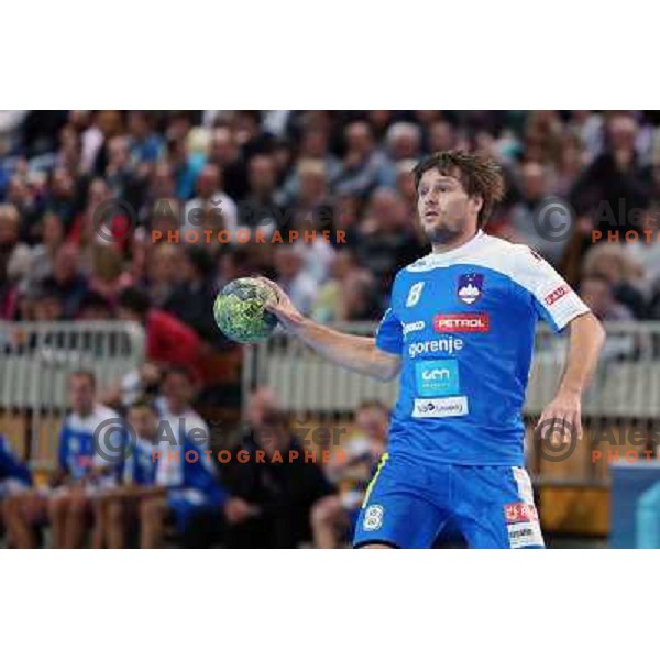 Marko Bezjak of Slovenia in action during handball match Slovenia-Romania in qualification for EHF Euro 2014, played in Bonifika Hall, Koper, Slovenia on October 31, 2012 