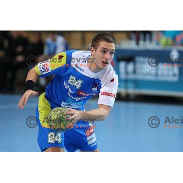 Gasper Marguc of Slovenia in action during handball match Slovenia-Romania in qualification for EHF Euro 2014, played in Bonifika Hall, Koper, Slovenia on October 31, 2012 