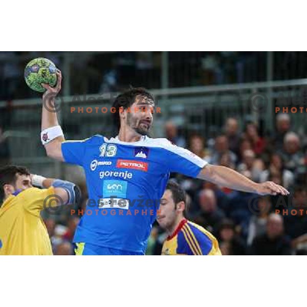 David Spiler of Slovenia in action during handball match Slovenia-Romania in qualification for EHF Euro 2014, played in Bonifika Hall, Koper, Slovenia on October 31, 2012 