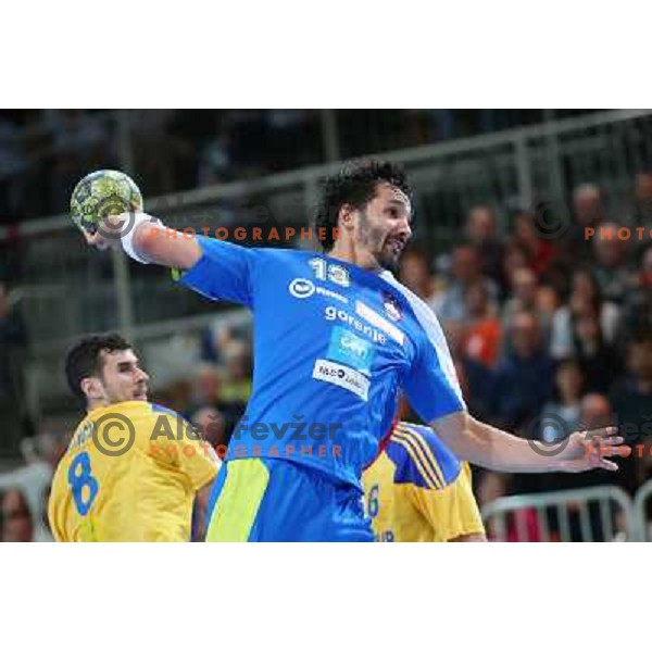 David Spiler of Slovenia in action during handball match Slovenia-Romania in qualification for EHF Euro 2014, played in Bonifika Hall, Koper, Slovenia on October 31, 2012 