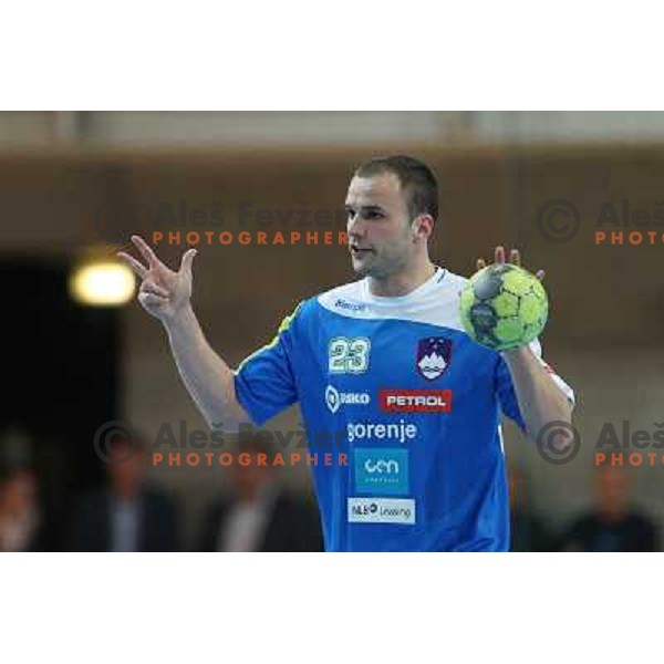 Uros Zorman of Slovenia in action during handball match Slovenia-Romania in qualification for EHF Euro 2014, played in Bonifika Hall, Koper, Slovenia on October 31, 2012 