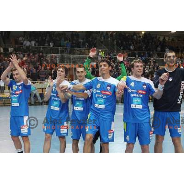 Zvizej, Skube,Gajic,Dobelsek,Miklavcic, Bilbija of Slovenia in action during handball match Slovenia-Romania in qualification for EHF Euro 2014, played in Bonifika Hall, Koper, Slovenia on October 31, 2012 