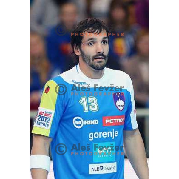 David Spiler of Slovenia in action during handball match Slovenia-Romania in qualification for EHF Euro 2014, played in Bonifika Hall, Koper, Slovenia on October 31, 2012 