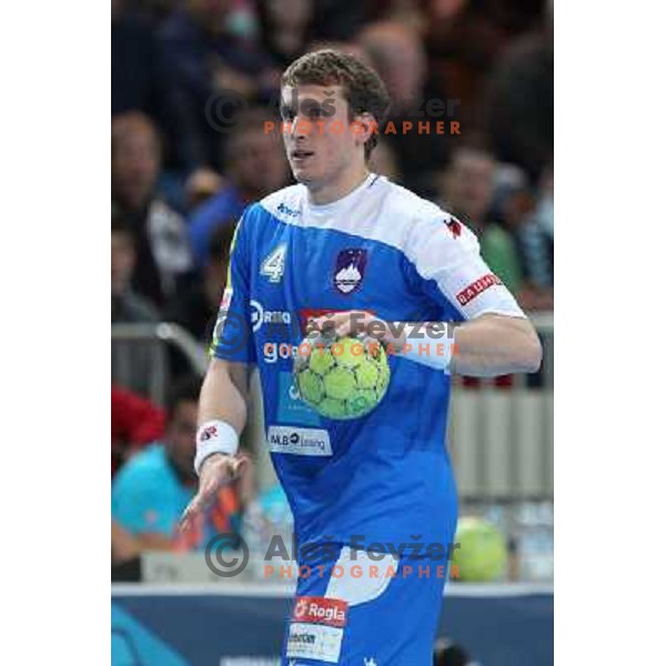 David Miklavcic of Slovenia in action during handball match Slovenia-Romania in qualification for EHF Euro 2014, played in Bonifika Hall, Koper, Slovenia on October 31, 2012 