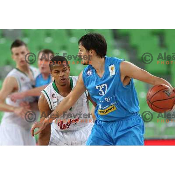 Dominic Waters of Union Olimpija and Boris Bakic in action during basketball match Union Olimpija-MZT Skopje in round 7 of ABA league, played in Arena Stozice, Ljubljana, Slovenia on November 5, 2012 