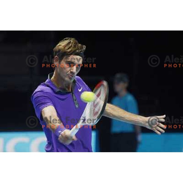 Roger Federer of SUI in action during ATP Finals tournament in O2 Arena, London, Great Britain on November 2012 