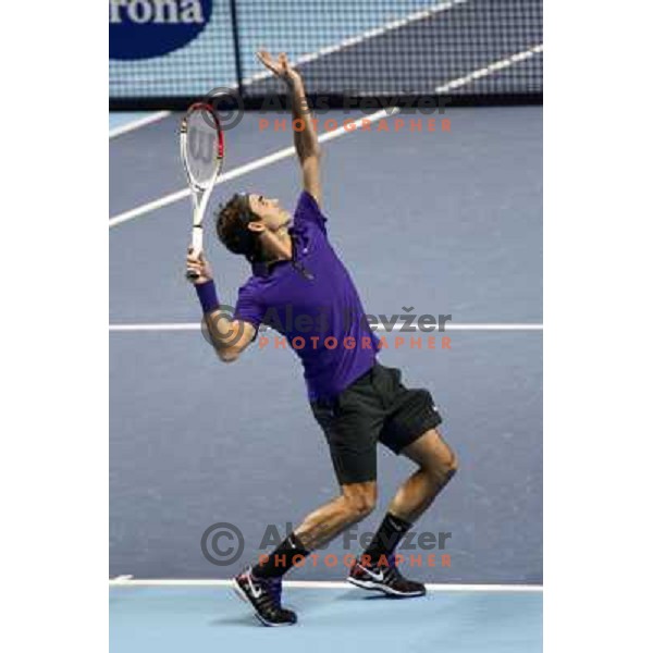 Roger Federer of SUI in action during ATP Finals tournament in O2 Arena, London, Great Britain on November 2012 