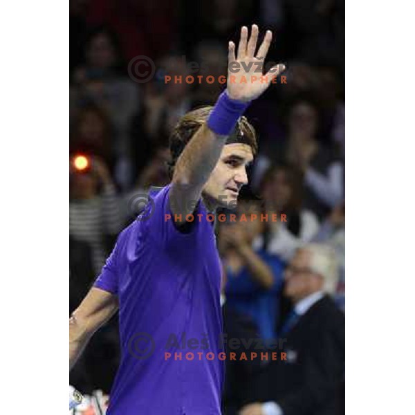 Roger Federer of SUI in action during ATP Finals tournament in O2 Arena, London, Great Britain on November 2012 