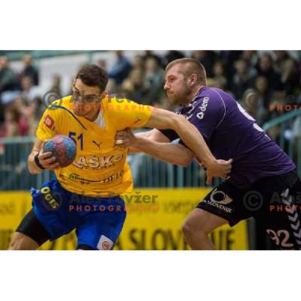 Borut Mackovsek (L) in action during handball match Maribor Branik - Celje pivovarno Laško, 1.NLB leasing league, played in Tabor Hall in Maribor, Slovenija on November 10, 2012 