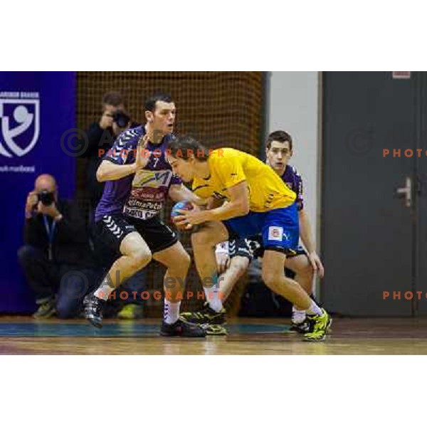 Marko Ostir, Nemaja Zelenovic (L-R) in action during handball match Maribor Branik - Celje pivovarno Laško, 1.NLB leasing league, played in Tabor Hall in Maribor, Slovenija on November 10, 2012 