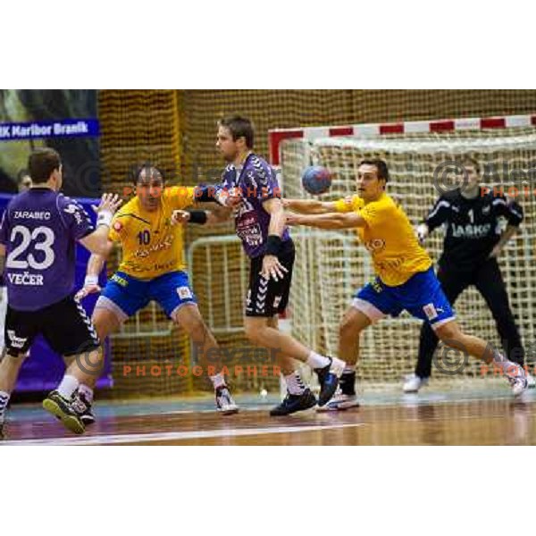 Miha Zarabec, Alem Toskic (L-R) in action during handball match Maribor Branik - Celje pivovarno Laško, 1.NLB leasing league, played in Tabor Hall in Maribor, Slovenija on November 10, 2012 