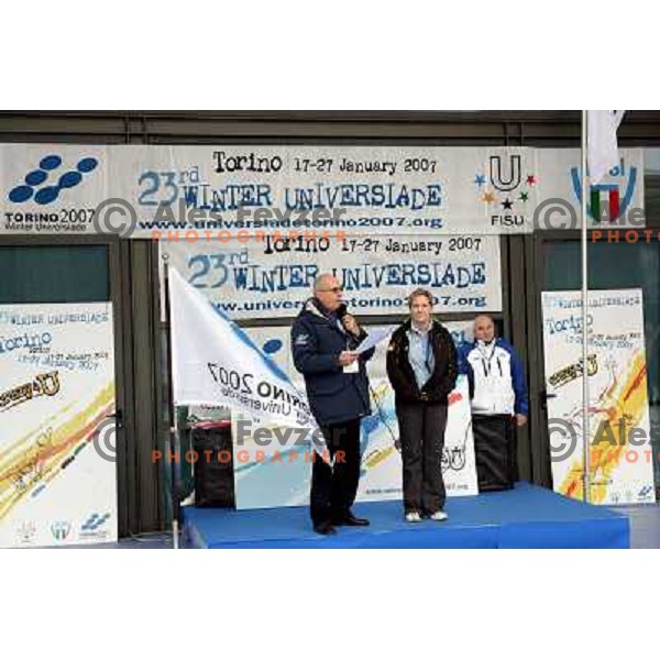 Mayor of the village gives welcome speech to the German team arriving to the Olympic village in Torino at 23rd Winter Universiade 2007, Italy