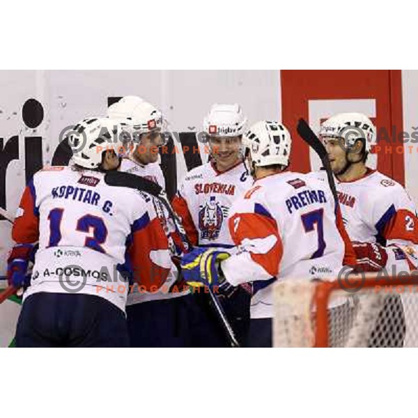 Gasper and Anze Kopitar,Marcel Rodman,Ales Kranjc of Slovenia in action during ice-hockey match Slovenia-Austria at EIHC tournament in Hala Tivoli, Ljubljana, Slovenia on November 10,2012 