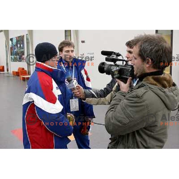 Russian athletes giving an interview in Olympic village in Torino at 23rd Winter Universiade 2007, Italy