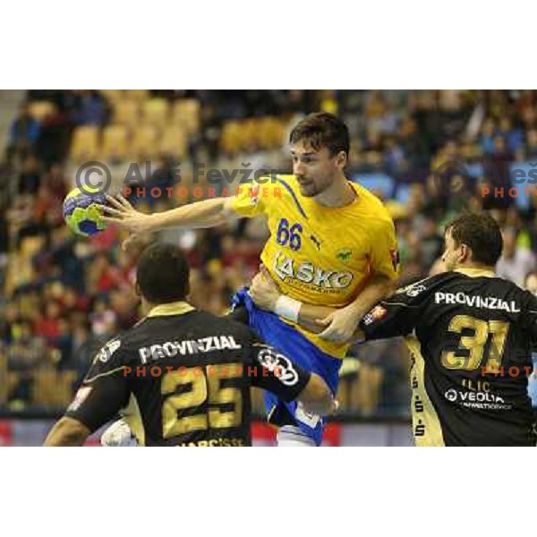 Mate Lekai of RK Celje Pivovarna Lasko in action during handball game RK Celje Pivovarna Lasko-THW Kiel in Velux EHF Champions league, played in Zlatorog Hall, Celje, Slovenia on November 17,2012 