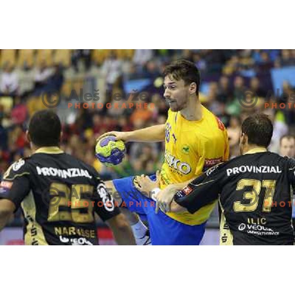 Mate Lekai of Celje Pivovarna Lasko in action during handball match RK Celje Pivovarna Lasko-THW Kiel in EHF men\'s Champions league, played in Arena Zlatorog in Celje, Slovenia on November 17, 2012 