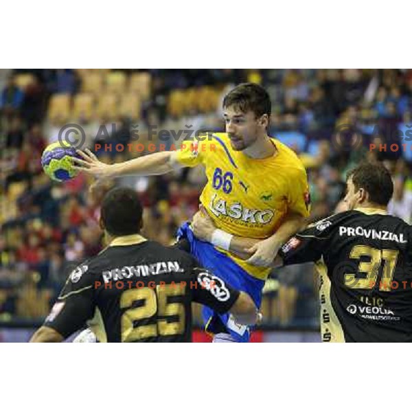 Mate Lekai of Celje Pivovarna Lasko in action during handball match RK Celje Pivovarna Lasko-THW Kiel in EHF men\'s Champions league, played in Arena Zlatorog in Celje, Slovenia on November 17, 2012 