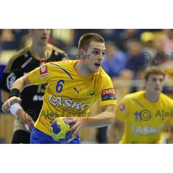Gasper Marguc of Celje Pivovarna Lasko in action during handball match RK Celje Pivovarna Lasko-THW Kiel in EHF men\'s Champions league, played in Arena Zlatorog in Celje, Slovenia on November 17, 2012 