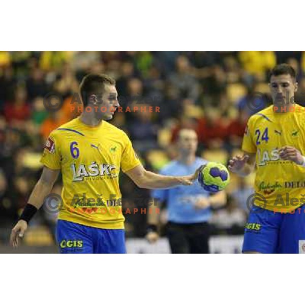 Gasper Marguc of Celje Pivovarna Lasko in action during handball match RK Celje Pivovarna Lasko-THW Kiel in EHF men\'s Champions league, played in Arena Zlatorog in Celje, Slovenia on November 17, 2012 