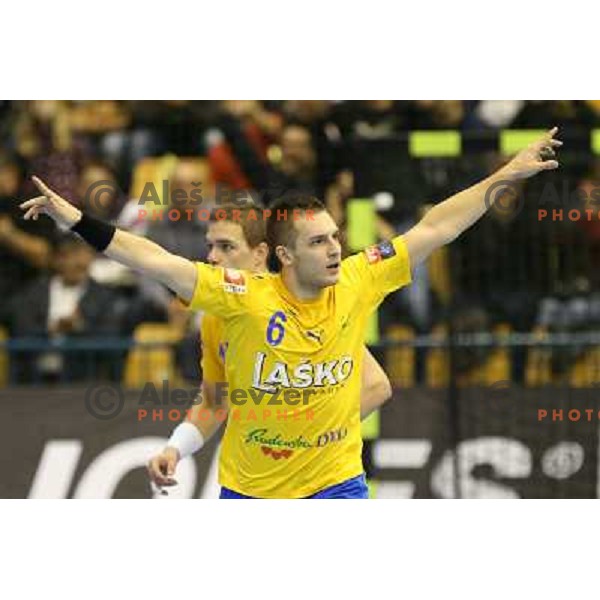 Gasper Marguc of Celje Pivovarna Lasko in action during handball match RK Celje Pivovarna Lasko-THW Kiel in EHF men\'s Champions league, played in Arena Zlatorog in Celje, Slovenia on November 17, 2012 