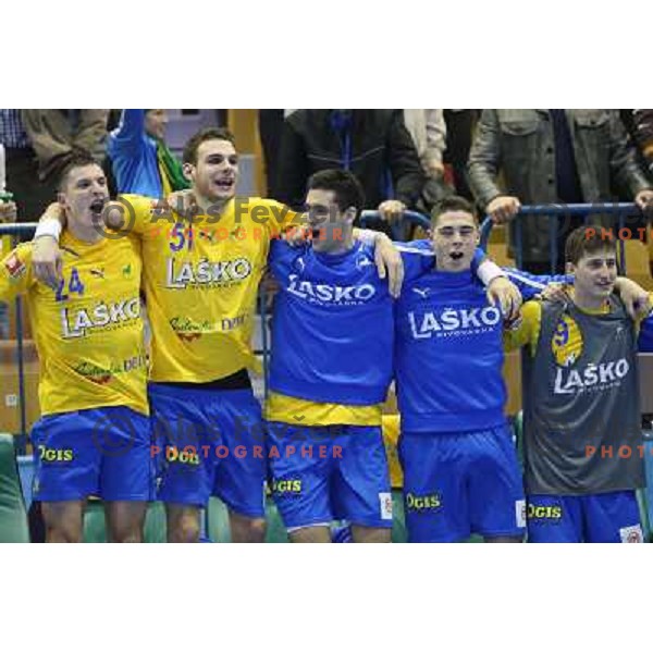 Nemanja Zelenovic, Borut Mackovsek, Igor Zabic,David Razgor of Celje Pivovarna Lasko in action during handball match RK Celje Pivovarna Lasko-THW Kiel in EHF men\'s Champions league, played in Arena Zlatorog in Celje, Slovenia on November 17, 2012 