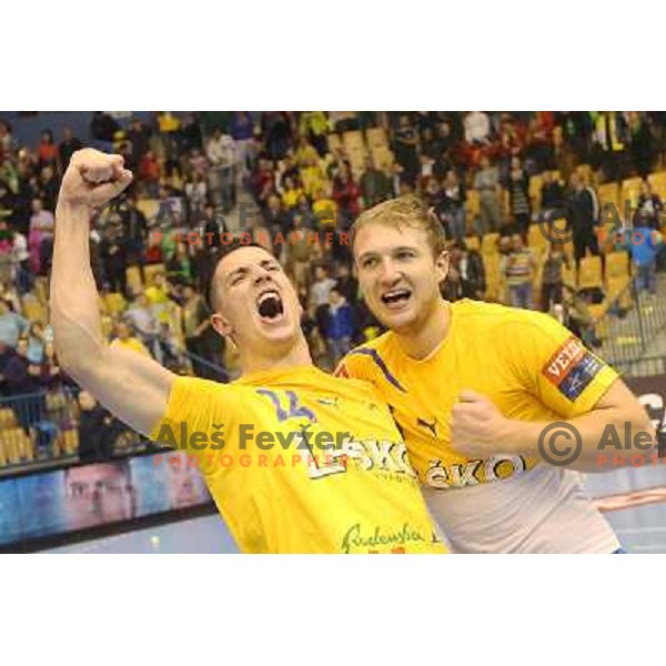Nemanja Zelenovic, Ziga Mlakar of Celje Pivovarna Lasko in action during handball match RK Celje Pivovarna Lasko-THW Kiel in EHF men\'s Champions league, played in Arena Zlatorog in Celje, Slovenia on November 17, 2012 