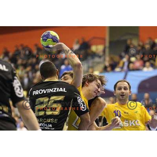 Sebastian Skube of Celje Pivovarna Lasko in action during handball match RK Celje Pivovarna Lasko-THW Kiel in EHF men\'s Champions league, played in Arena Zlatorog in Celje, Slovenia on November 17, 2012 