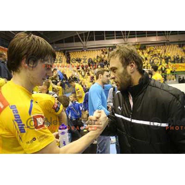 Sebastian Skube, Dejan Peric of Celje Pivovarna Lasko in action during handball match RK Celje Pivovarna Lasko-THW Kiel in EHF men\'s Champions league, played in Arena Zlatorog in Celje, Slovenia on November 17, 2012 