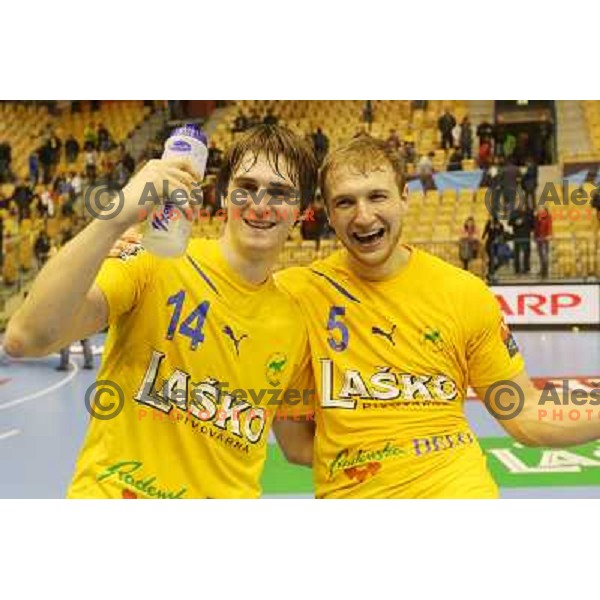 Sebastian Skube , Ziga Mlakar of Celje Pivovarna Lasko in action during handball match RK Celje Pivovarna Lasko-THW Kiel in EHF men\'s Champions league, played in Arena Zlatorog in Celje, Slovenia on November 17, 2012 