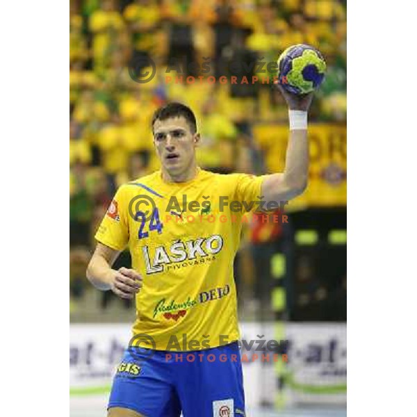 Nemanja Zelenovic of Celje Pivovarna Lasko in action during handball match RK Celje Pivovarna Lasko-THW Kiel in EHF men\'s Champions league, played in Arena Zlatorog in Celje, Slovenia on November 17, 2012 