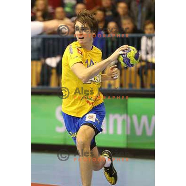 Sebastian Skube of Celje Pivovarna Lasko in action during handball match RK Celje Pivovarna Lasko-THW Kiel in EHF men\'s Champions league, played in Arena Zlatorog in Celje, Slovenia on November 17, 2012 