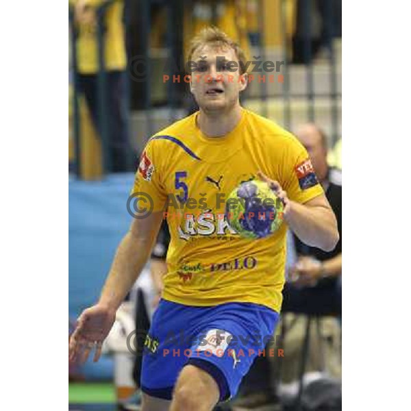 Ziga Mlakar of Celje Pivovarna Lasko in action during handball match RK Celje Pivovarna Lasko-THW Kiel in EHF men\'s Champions league, played in Arena Zlatorog in Celje, Slovenia on November 17, 2012 