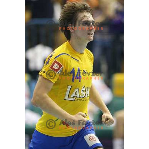 Sebastian Skube of Celje Pivovarna Lasko in action during handball match RK Celje Pivovarna Lasko-THW Kiel in EHF men\'s Champions league, played in Arena Zlatorog in Celje, Slovenia on November 17, 2012 
