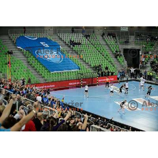 crowd celebrates victory during handball match Krim Mercator - Podravka in EHF Women\'s Champion league, played in Arena Stozice, Ljubljana, Slovenia on November 18, 2012 